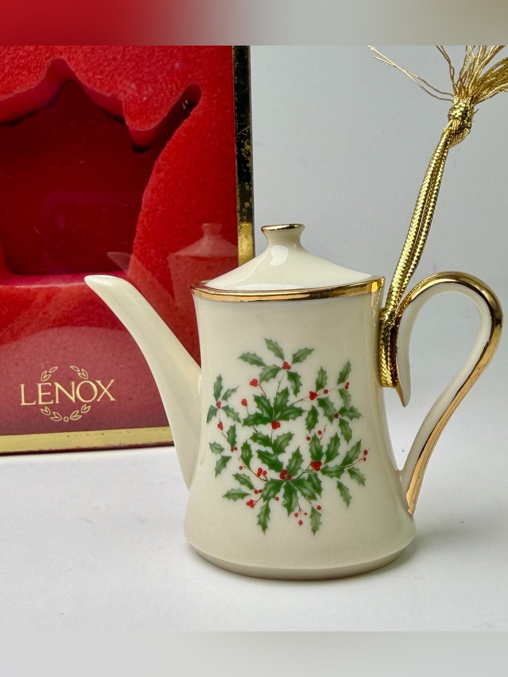Vintage Lenox Holiday Teapot Coffee Pot Christmas Holly Berry Hanging Ornament
